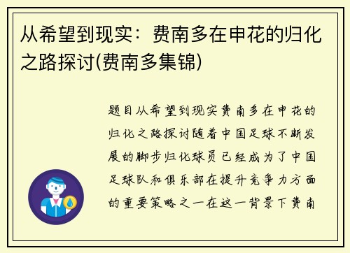 从希望到现实：费南多在申花的归化之路探讨(费南多集锦)