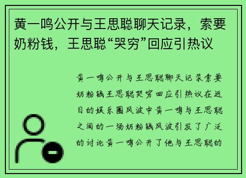 黄一鸣公开与王思聪聊天记录，索要奶粉钱，王思聪“哭穷”回应引热议